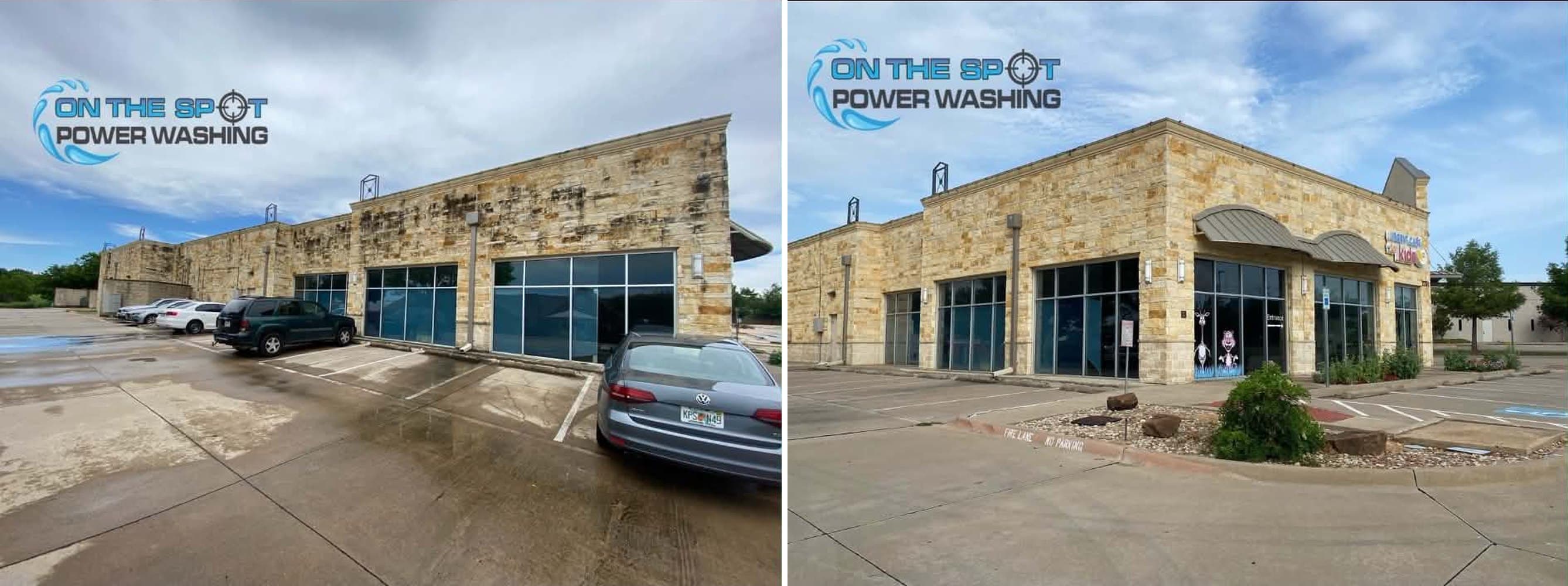 Before and after of a commercial stone building exterior soft-washed clean of mildew