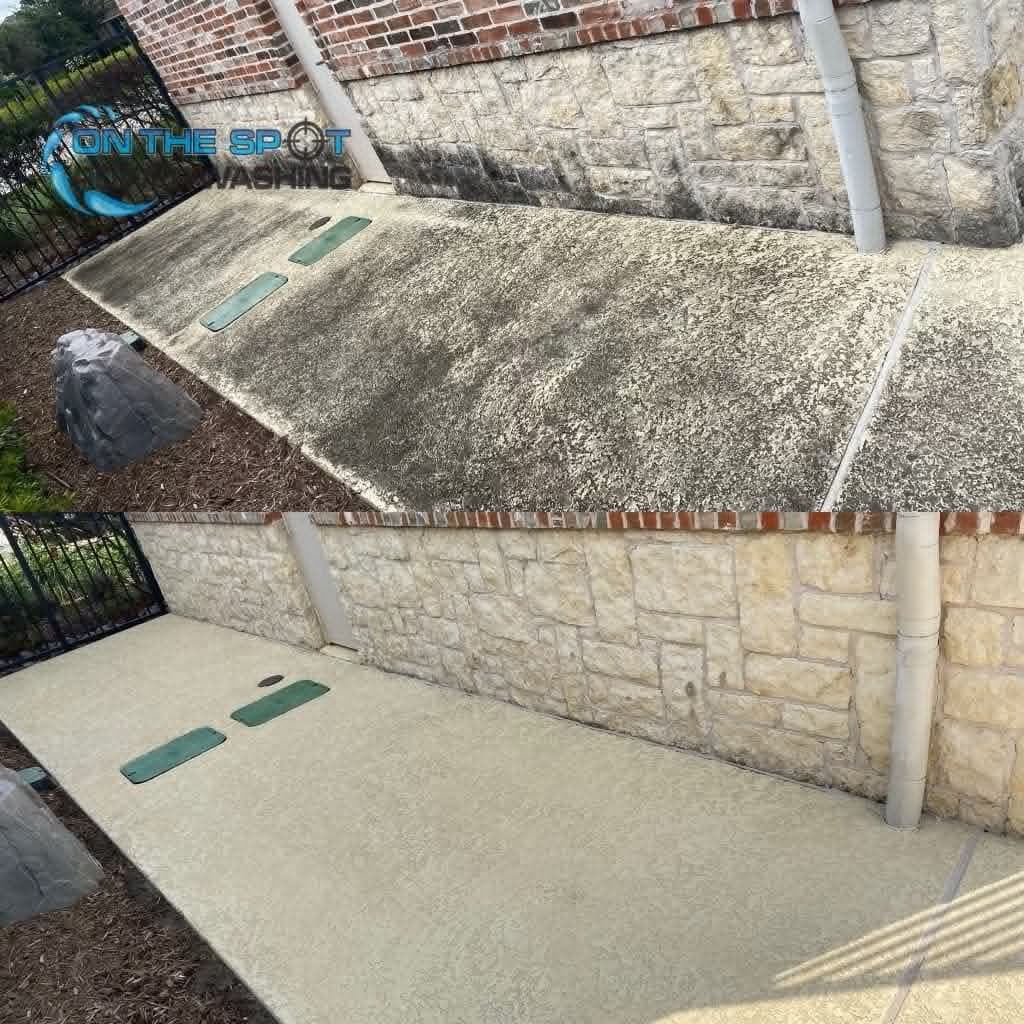 Before and after of a stone retaining wall and concrete walkway pressure washed clean